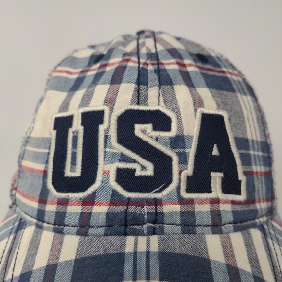 USA Patriotic Blue White Plaid Hat Strapback Cap Embroidered Spell Out - Picture 5 of 13